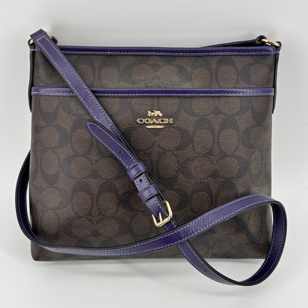 Coach File Crossbody Bag Signature Canvas Brown Purple F29210